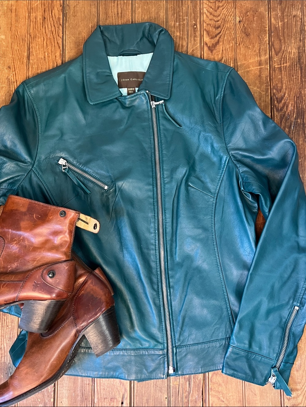 Women’s John Carlisle Teal Green Moto Jacket asymmetrical zip size M EUC